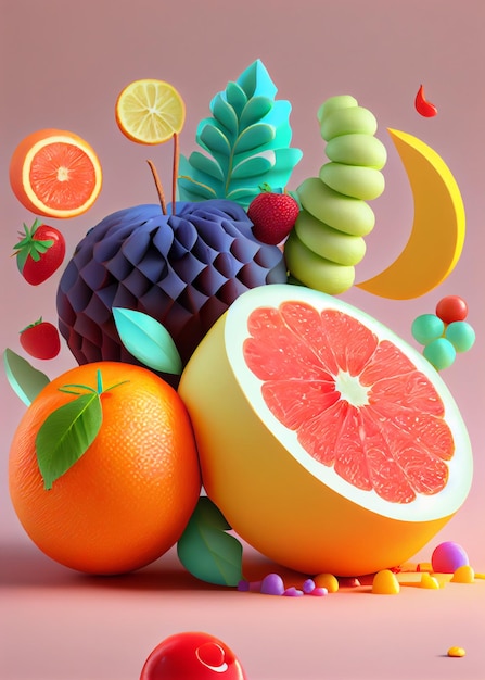 Frutas pop estilo suave isolado em fundo amarelo pastel AI gerado