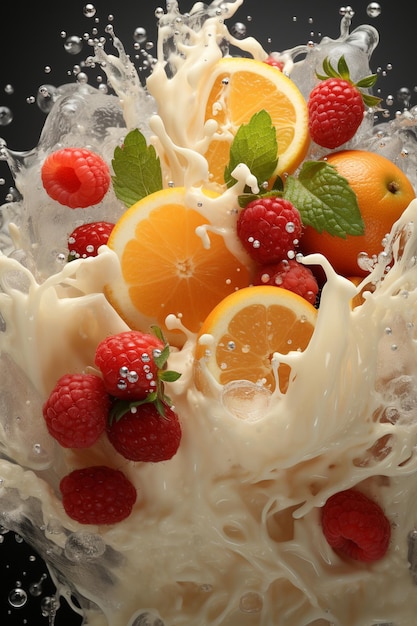 Frutas realistas composición de salpicaduras de leche con pulverización