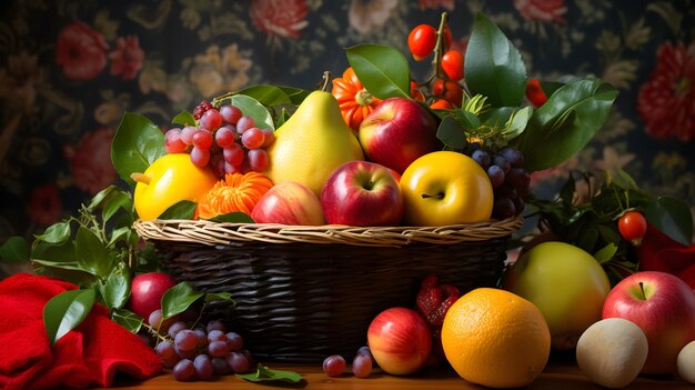 frutas recheadas numa cesta na mesa com uma aparência tentadora