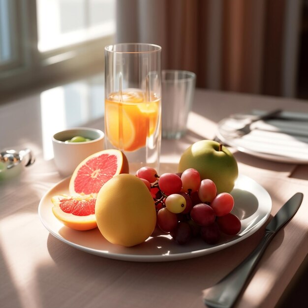 Frutas recién cortadas en un plato blanco con jugo fresco Ai generativo