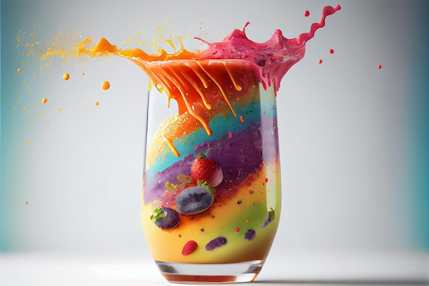 Frutas con rodajas y jugo salpicado en colores del arco iris batido volador AI