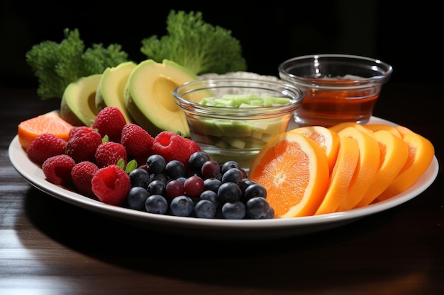 Frutas en rodajas en un plato para una cena consciente de la salud