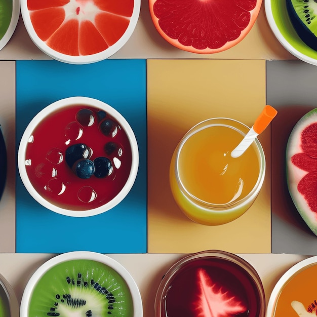 Frutas saborosas e suco com vitaminas Bebida saudável generativa ai
