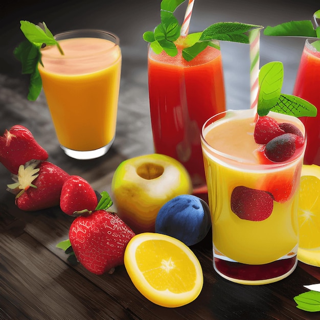 Foto frutas sabrosas y jugo con vitaminas bebida saludable generativa ai