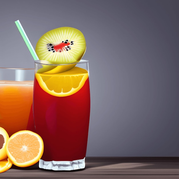 Frutas sabrosas y jugo con vitaminas Bebida saludable generativa ai