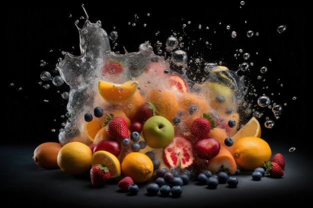 Las frutas en las salpicaduras de agua.