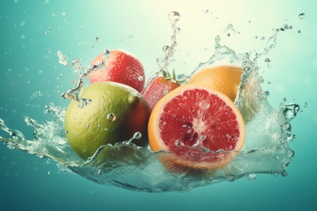 Frutas salpicando agua Manzana verano Generar Ai