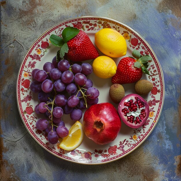 Foto frutas saudáveis prato morangos framboesas laranjas ameixas maçãs kiwis uvas mirtilos na mesa de madeira cinza escuro vista superior copiar espaço para texto foco seletivo