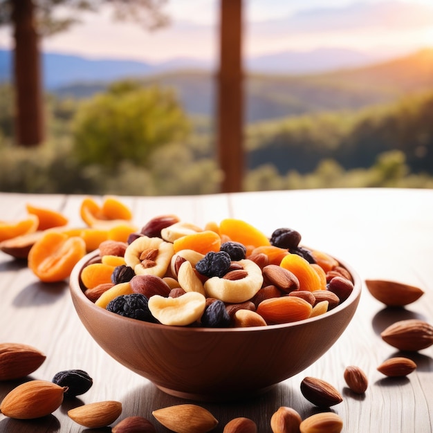 frutas secas em uma tigela na mesa turva o fundo da bela natureza