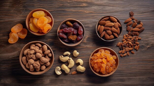 Foto frutas secas en una mesa de madera