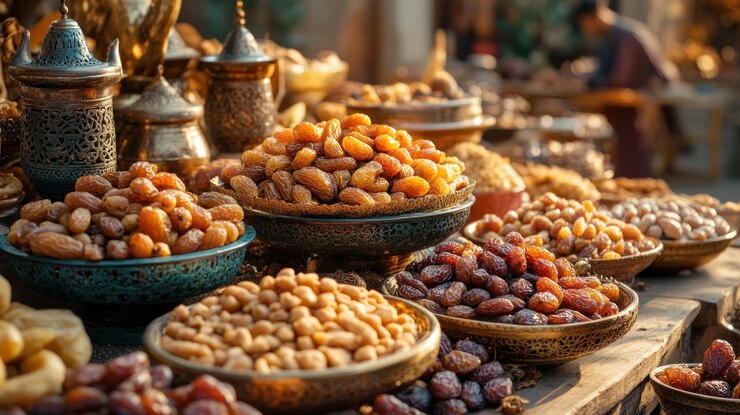 Frutas secas y nueces en cuencos ornamentados en un puesto de mercado