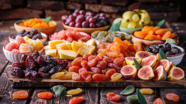 Frutas secas nutritivas e misturas de frutas colocadas em uma mesa de madeira