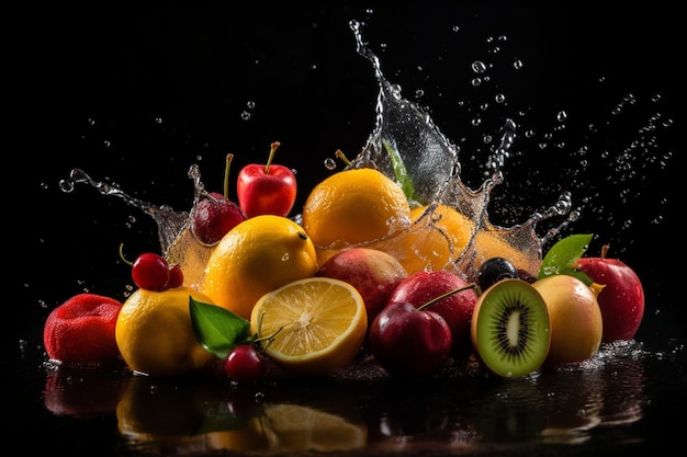 Frutas sobre fondo negro con salpicaduras de agua