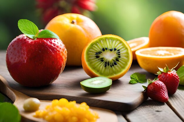 Foto frutas sobre una mesa de madera con hojas verdes y un fondo verde