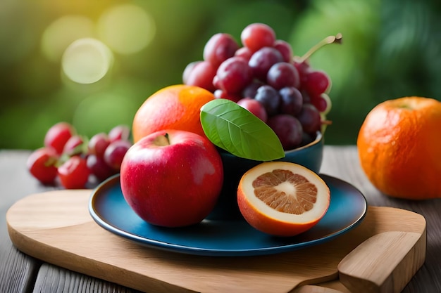 frutas sobre una mesa de madera con un plato de fruta y un pomelo.