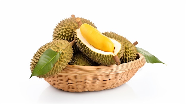 Frutas suculentas de Durian com folhas em cesta em fundo branco