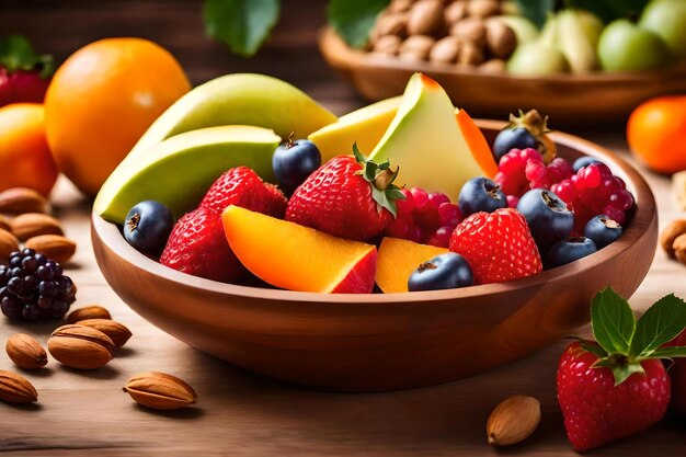 Frutas en un tazón con almendras y almendras