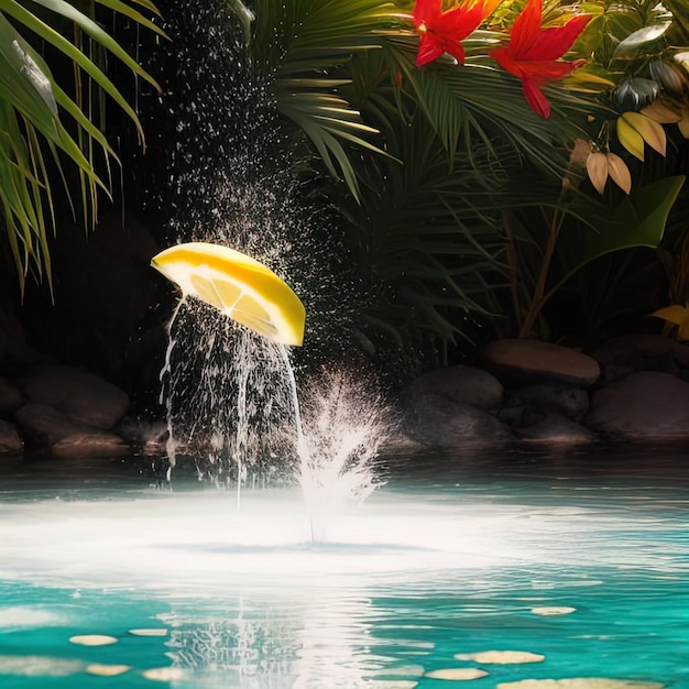 Frutas tropicais caem na água com salpicos