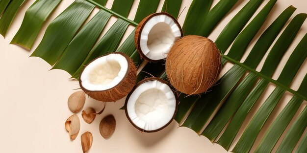 Foto frutas tropicais deliciosas frutas frescas divididas em duas com folha de monstera vista superior em fundo de cor suave gerado por ia