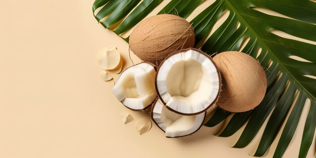 Frutas tropicais deliciosas Frutas frescas divididas em duas com folha de Monstera Vista superior em fundo de cor suave Gerado por IA