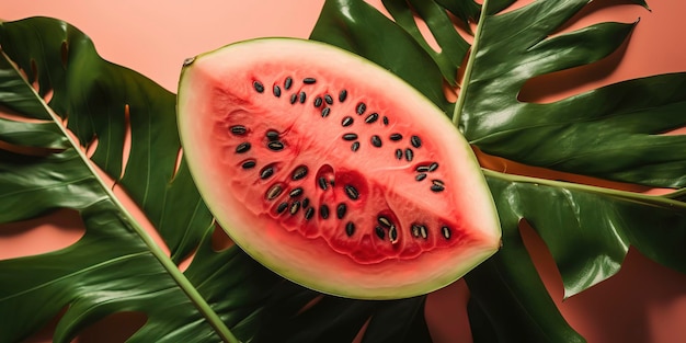 Foto frutas tropicais deliciosas frutas frescas divididas em duas com folha de monstera vista superior em fundo de cor suave gerado por ia