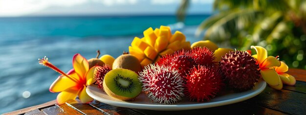 Foto frutas tropicais em manga kiwi papaya fundo do oceano