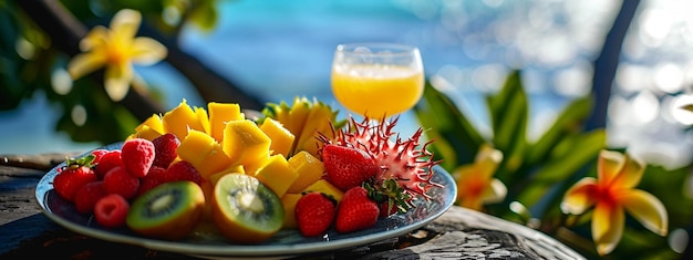 Foto frutas tropicais em manga kiwi papaya fundo do oceano