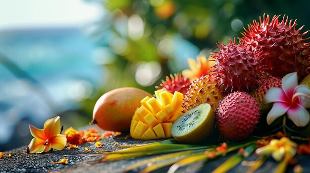 Foto frutas tropicais em manga kiwi papaya fundo do oceano