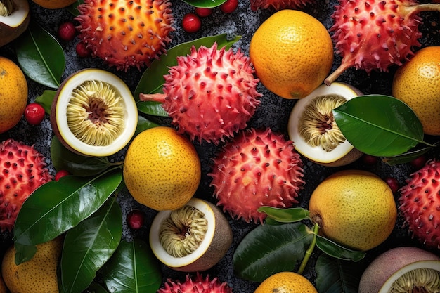 Frutas tropicais exóticas como lichia e maracujá vista superior