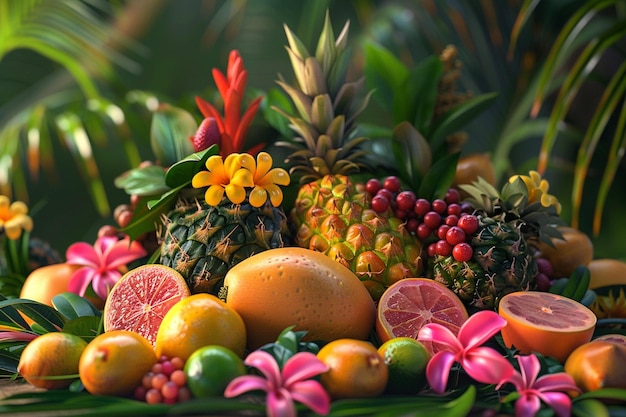 Foto frutas tropicais exóticas dispostas em um di decorativo