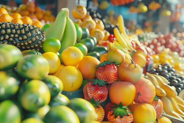 Frutas tropicais exóticas empilhadas em um mercado