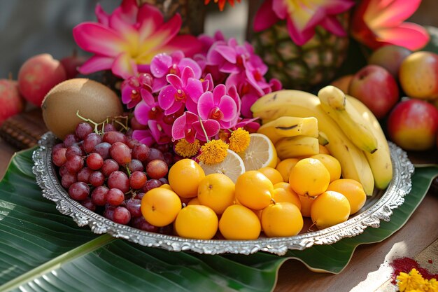 Frutas tropicais frescas frutas e flores exóticas variadas para a cerimônia tradicional de puja para adoração