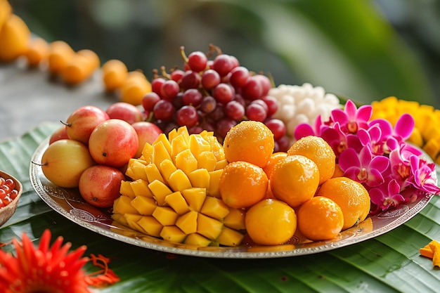 Frutas tropicais frescas frutas e flores exóticas variadas para a cerimônia tradicional de puja para adoração