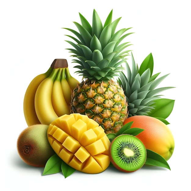 Frutas tropicais isoladas Ananás banana kiwi e manga isoladas em fundo branco