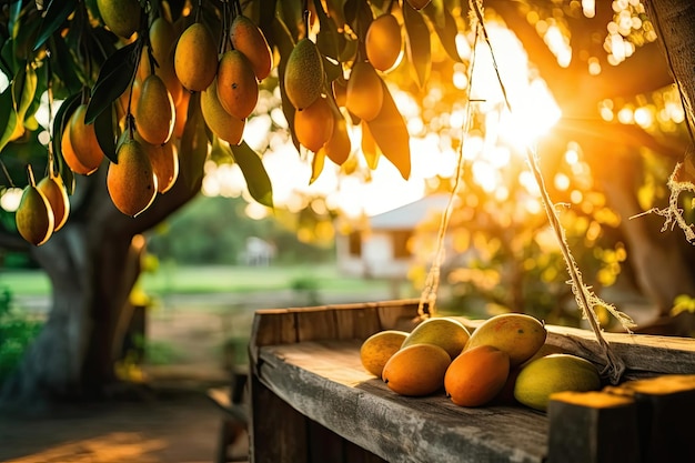 Frutas tropicais maduras de manga penduradas em árvores com mesa de madeira rústica e pôr do sol em uma fazenda orgânica