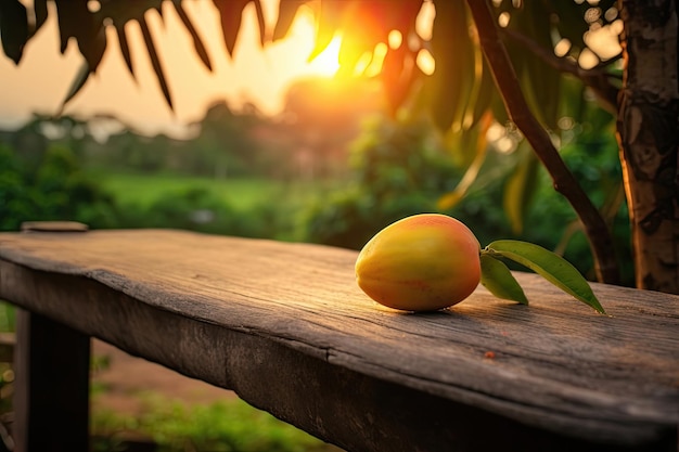 Frutas tropicais maduras de manga penduradas em árvores com mesa de madeira rústica e pôr do sol em uma fazenda orgânica