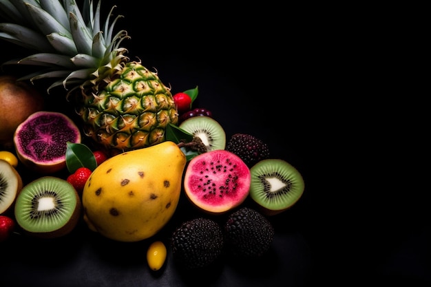 Foto frutas tropicais maracujá abacaxi kiwi e cacto em um fundo preto vista superior espaço livre para texto