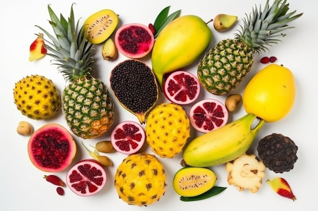 Foto frutas tropicales aisladas piña plátano fruta del dragón y mango aislados en vista superior blanca