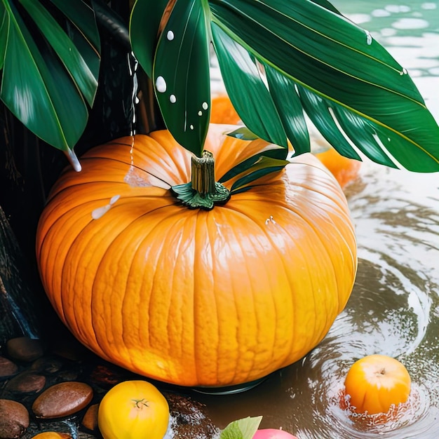 Las frutas tropicales caen en el agua con salpicaduras