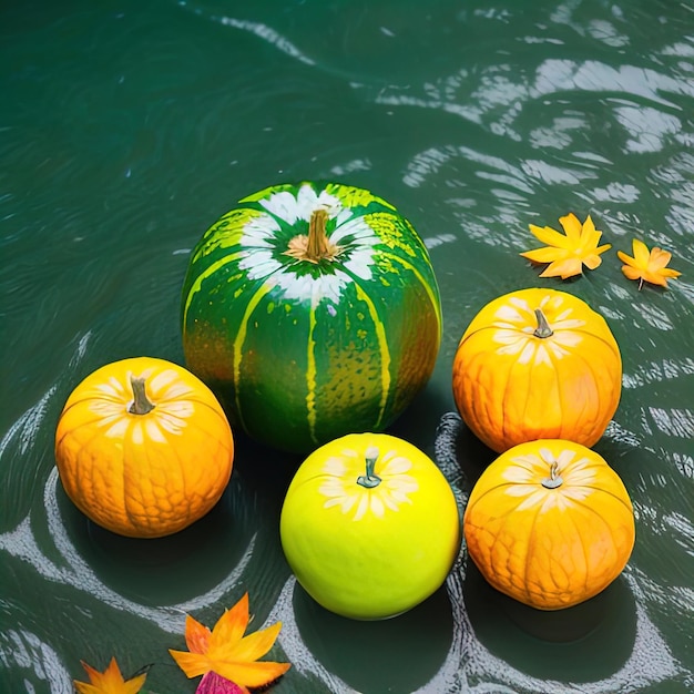 Las frutas tropicales caen en el agua con salpicaduras