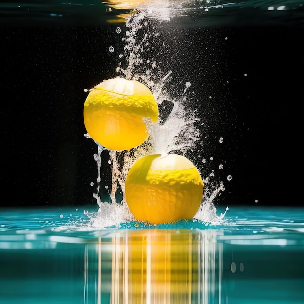 Las frutas tropicales caen en el agua con salpicaduras