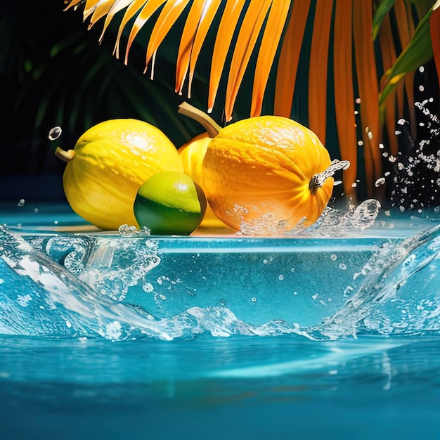 Las frutas tropicales caen en el agua con salpicaduras