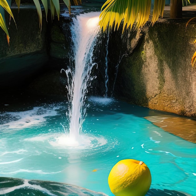 Las frutas tropicales caen en el agua con salpicaduras