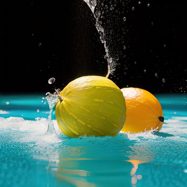 Las frutas tropicales caen en el agua con salpicaduras