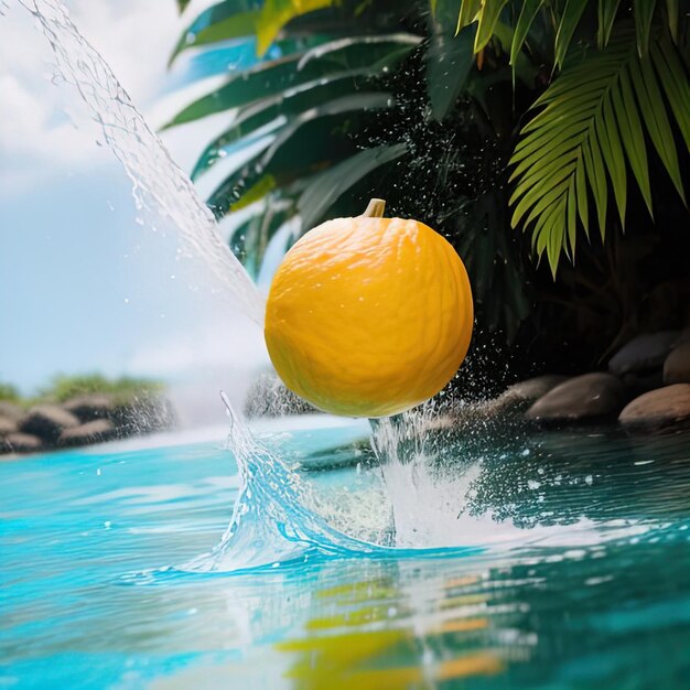 Las frutas tropicales caen en el agua con salpicaduras