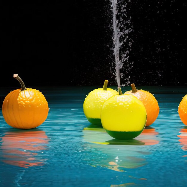 Las frutas tropicales caen en el agua con salpicaduras