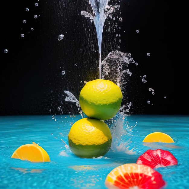 Las frutas tropicales caen en el agua con salpicaduras