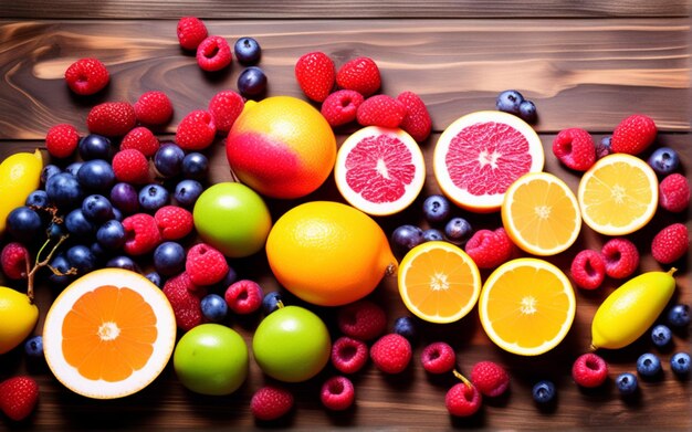 Frutas tropicales esparcidas en una mesa de madera roja, incluidas manzanas, kiwis, bayas, uvas de limón, naranjas.