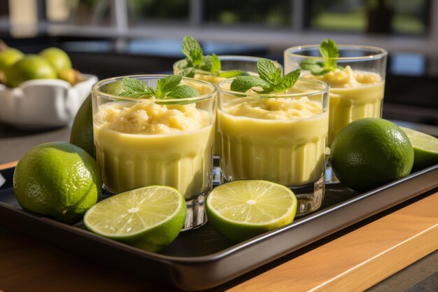 Frutas tropicales exóticas y cócteles en una mesa de madera con flores blancas esparcidas