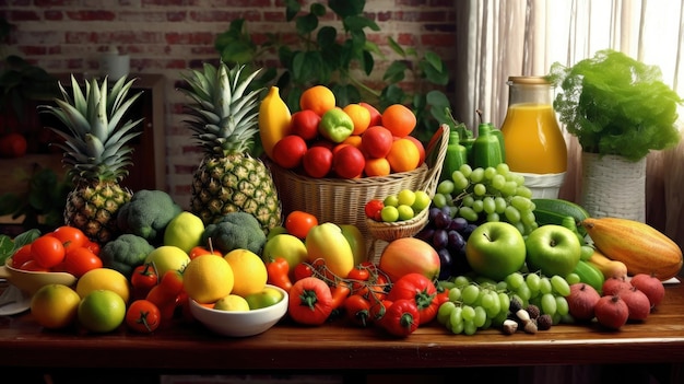 Frutas tropicales frescas en canasta y plato sobre mesa de madera Abundancia de productos veganos saludables preparados en cocina rústica en casa IA generativa